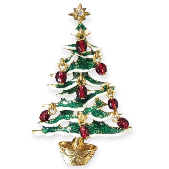 Avon Christmas Tree Brooch W/ Enamel And Dangle Ornament - Picture 1 of 4